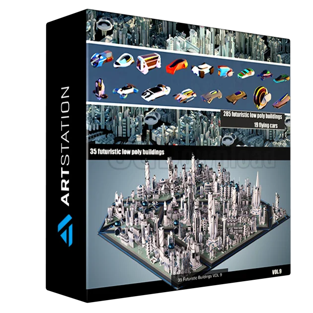 Futuristic LowPoly Cities Flying Cars Collection