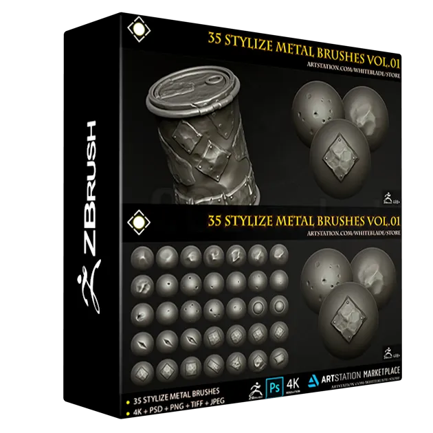 35 Stylize Metal Brushes and 4K Alphas Vol.01 - ZBrush 4R8+
