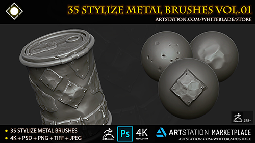 35 Stylize Metal Brushes and 4K Alphas Vol.01 - ZBrush 4R8+ скачать