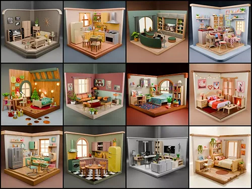 CGTrader - Isometric Rooms Collection Bedrooms Kitchens Living Rooms Low-poly 3D models скачать