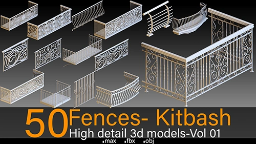 50 Fences- Vol 01- Kitbash- High detail 3d models скачать