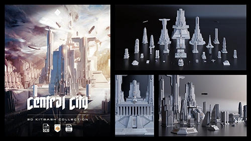 Central City - Detailed Imperial Brutalist City Buildings & Environment Assets 3D Kitbash Pack