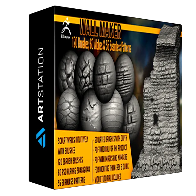 Wall Maker 120 ZBrush Brushes, 60 Alphas, and 55 Patterns 