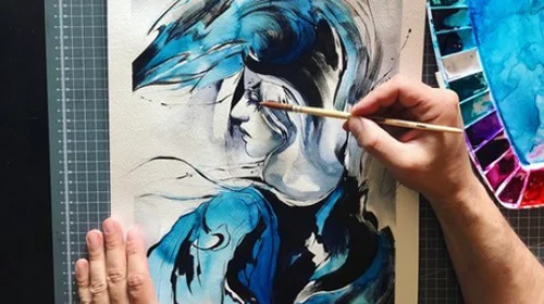 Watercolor Portrait Painting with an Abstract Backgroud скачать