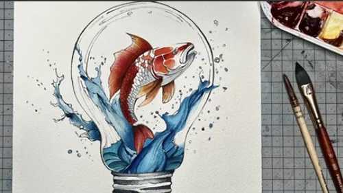 Watercolor Painting - Koi Fish in a Bulb скачать