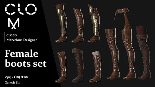 Female boots set Marvelous Designer Clo3D project file + OBJ, FBX скачать